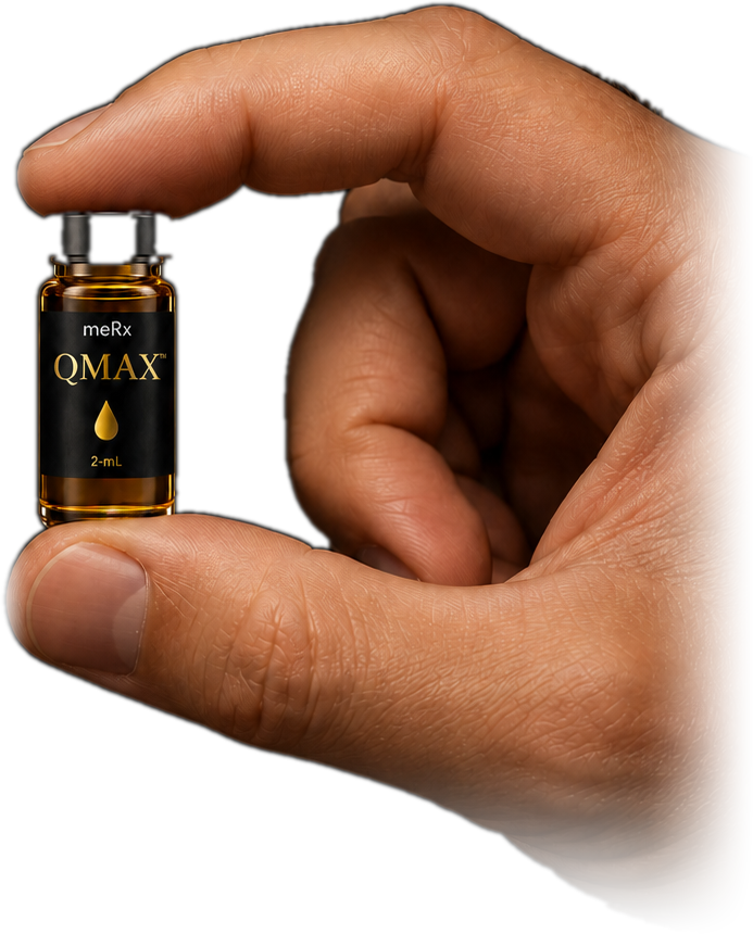 QMAX™ sublingual bottle held in hand, shown for scale