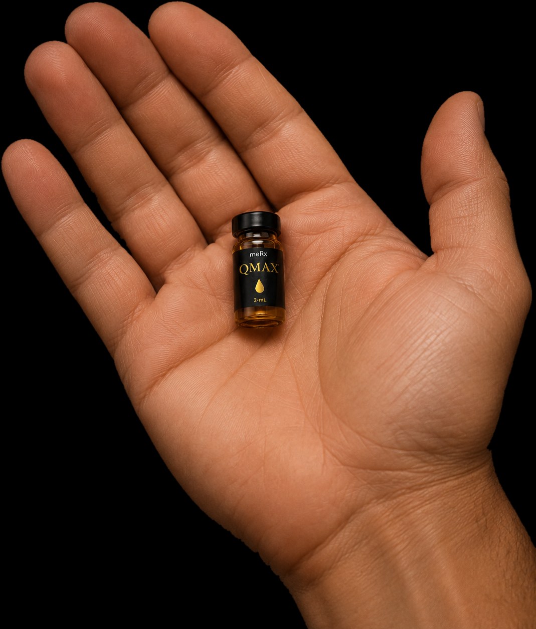 Hand holding the QMAX™ 2-mL bottle